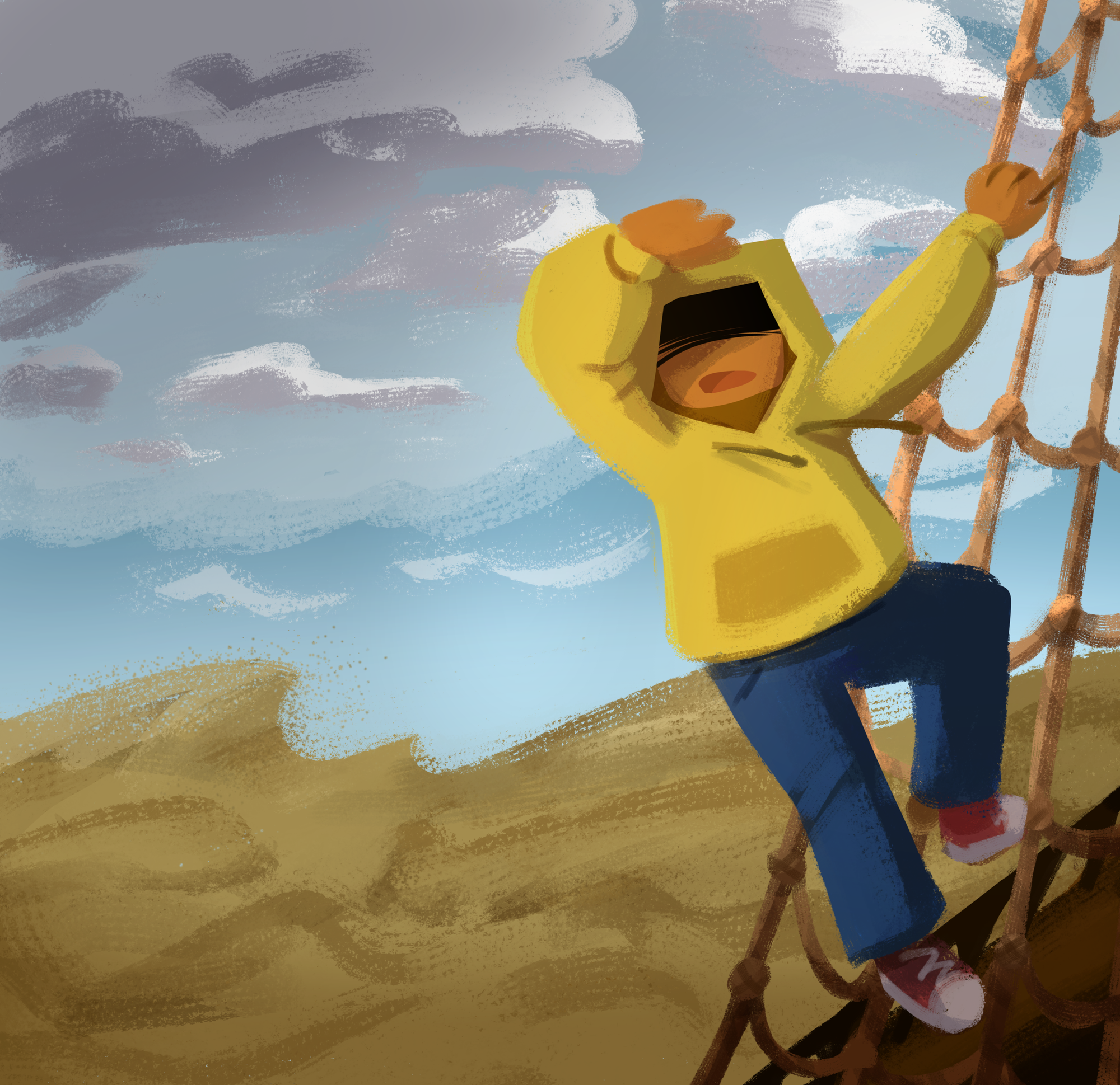 the yellow hoodie wearing main character looks off into the sea of sand aboard a ship - art by NotSoKatt